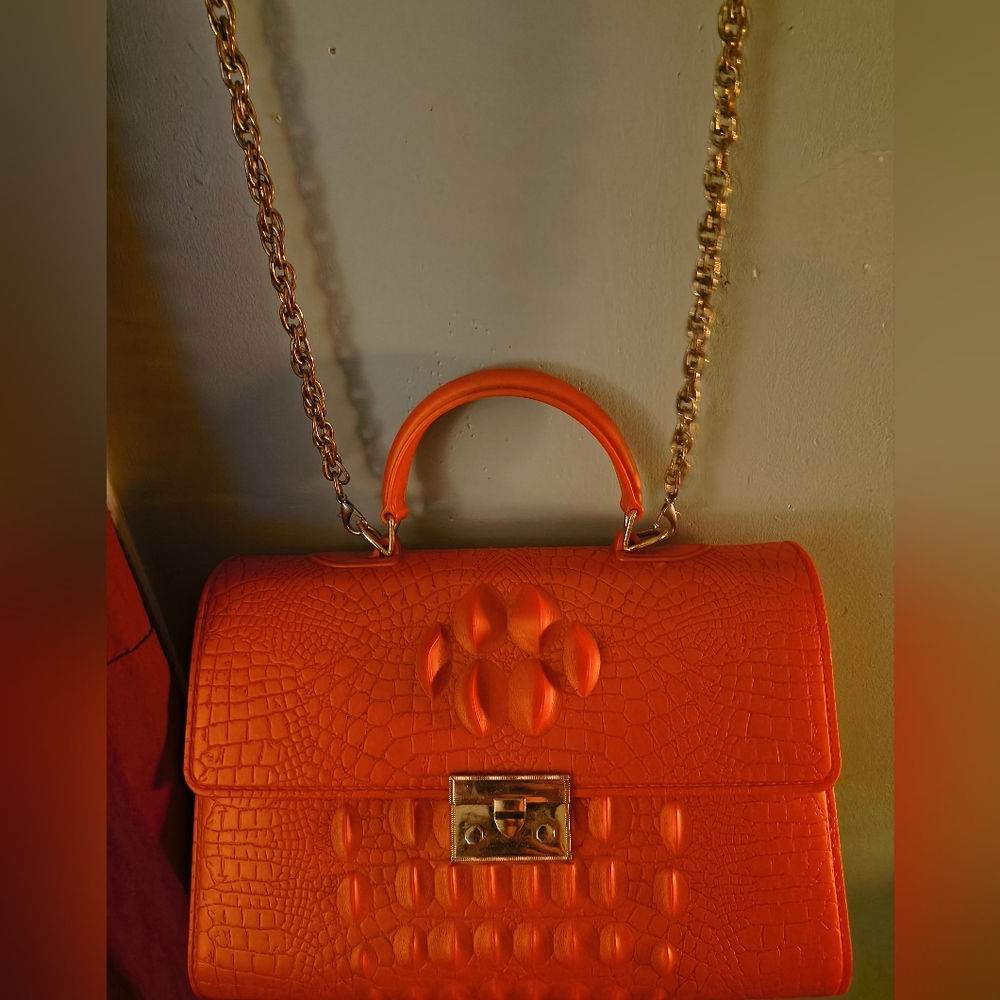 Vibrant Orange Embossed Shoulder Bag with Chain Strap
